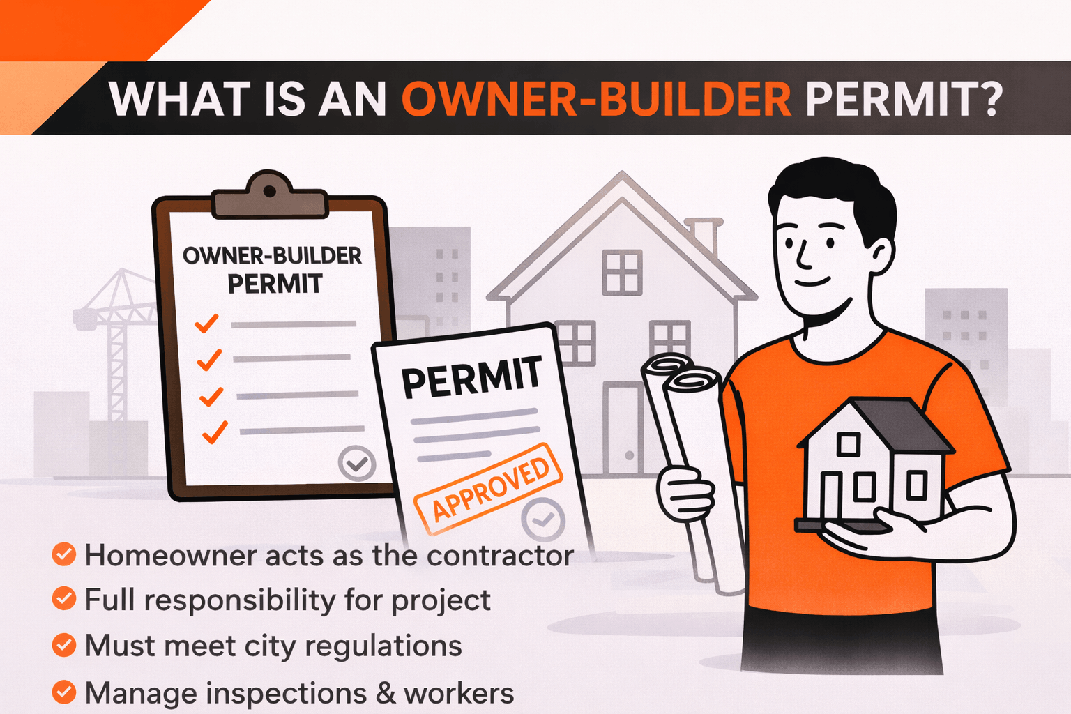 Landscape infographic explaining what an owner-builder permit is, showing a homeowner managing construction plans, approved permit documents, and project responsibilities.