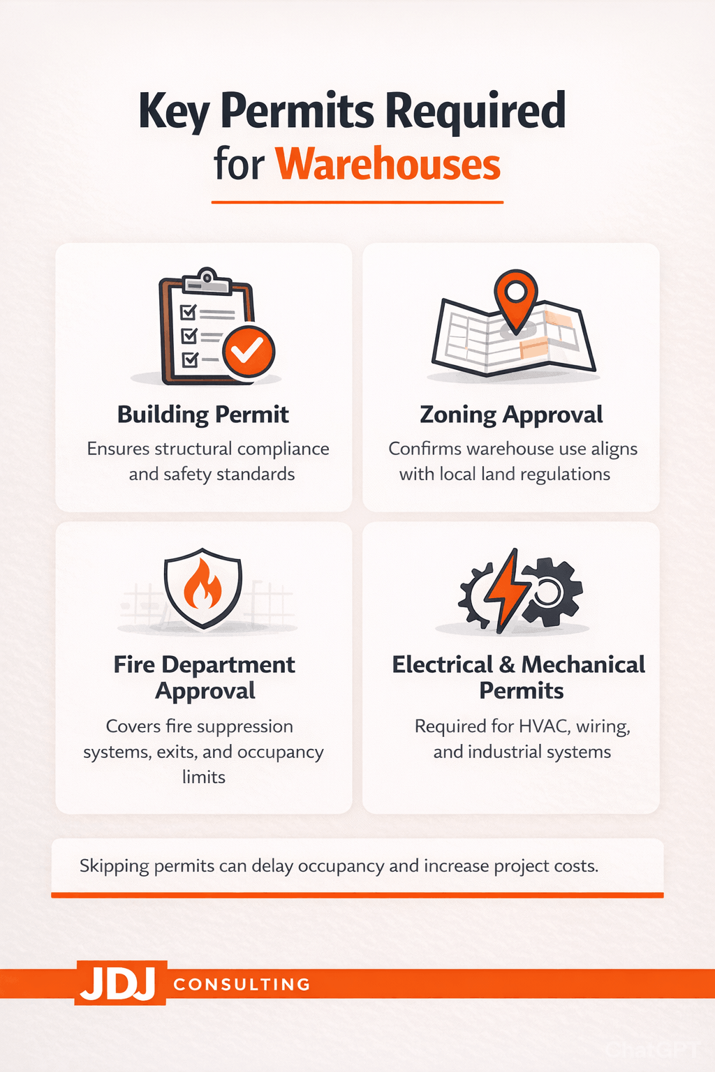 Infographic titled “Key Permits Required for Warehouses” showing building, zoning, fire department, and electrical permits in a clean orange, black, and neutral design.
