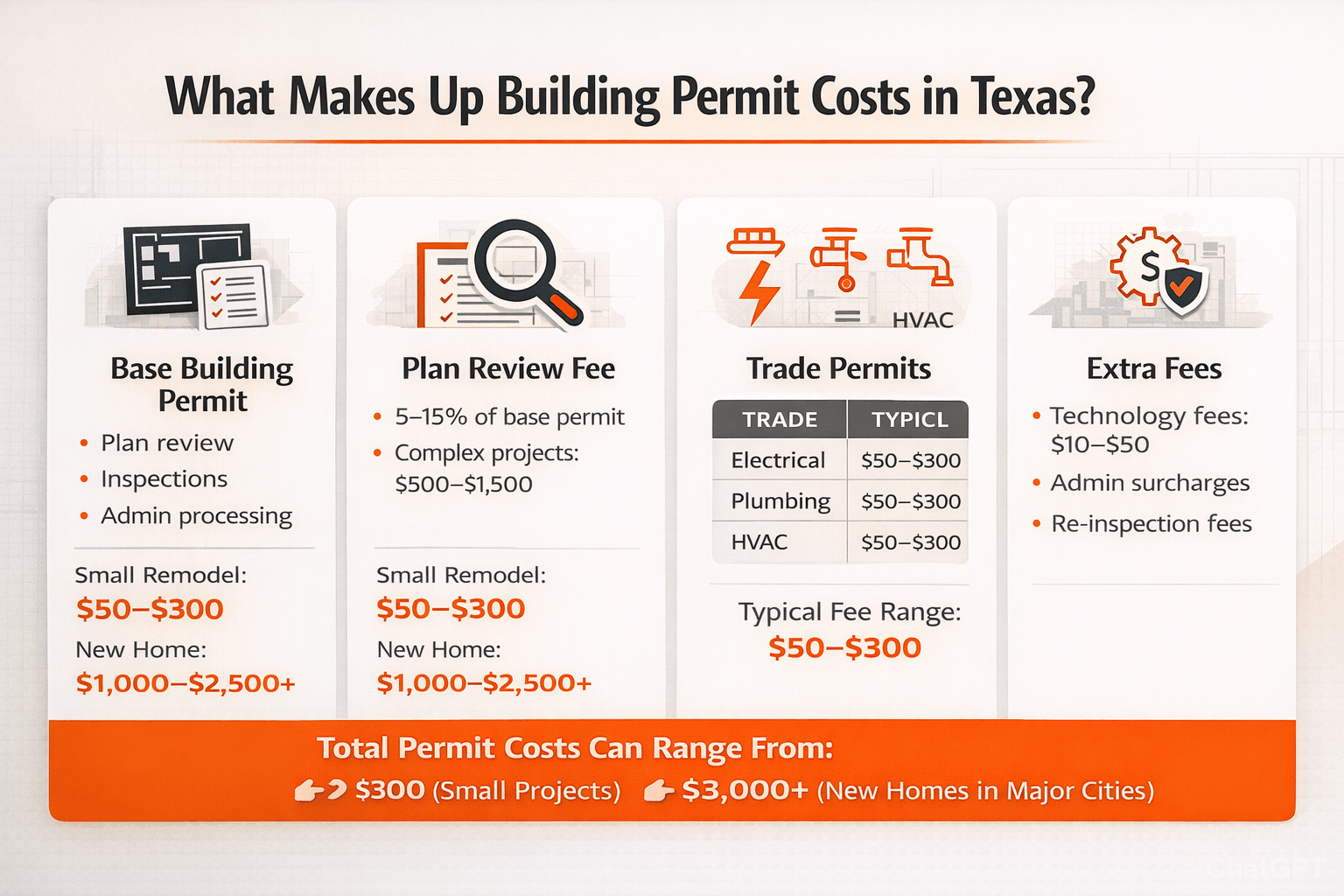 Landscape infographic showing Texas building permit cost components, including Base Building Permit, Plan Review Fee, Trade Permits (Electrical, Plumbing, HVAC), and Extra Fees, with typical cost ranges and total estimate.