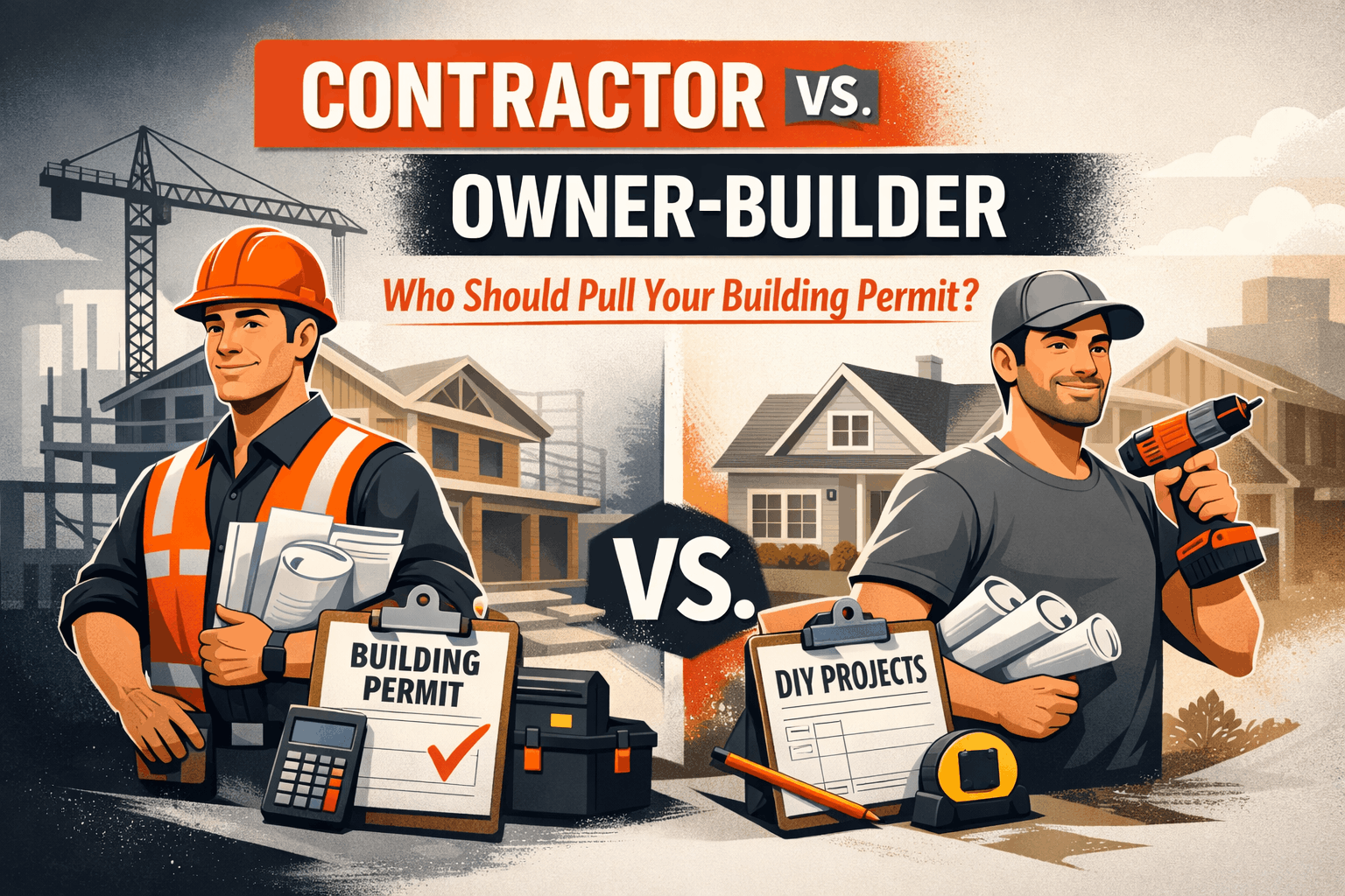 Illustration comparing a contractor and an owner-builder applying for a building permit, highlighting project responsibility, permit approval process, and construction roles.