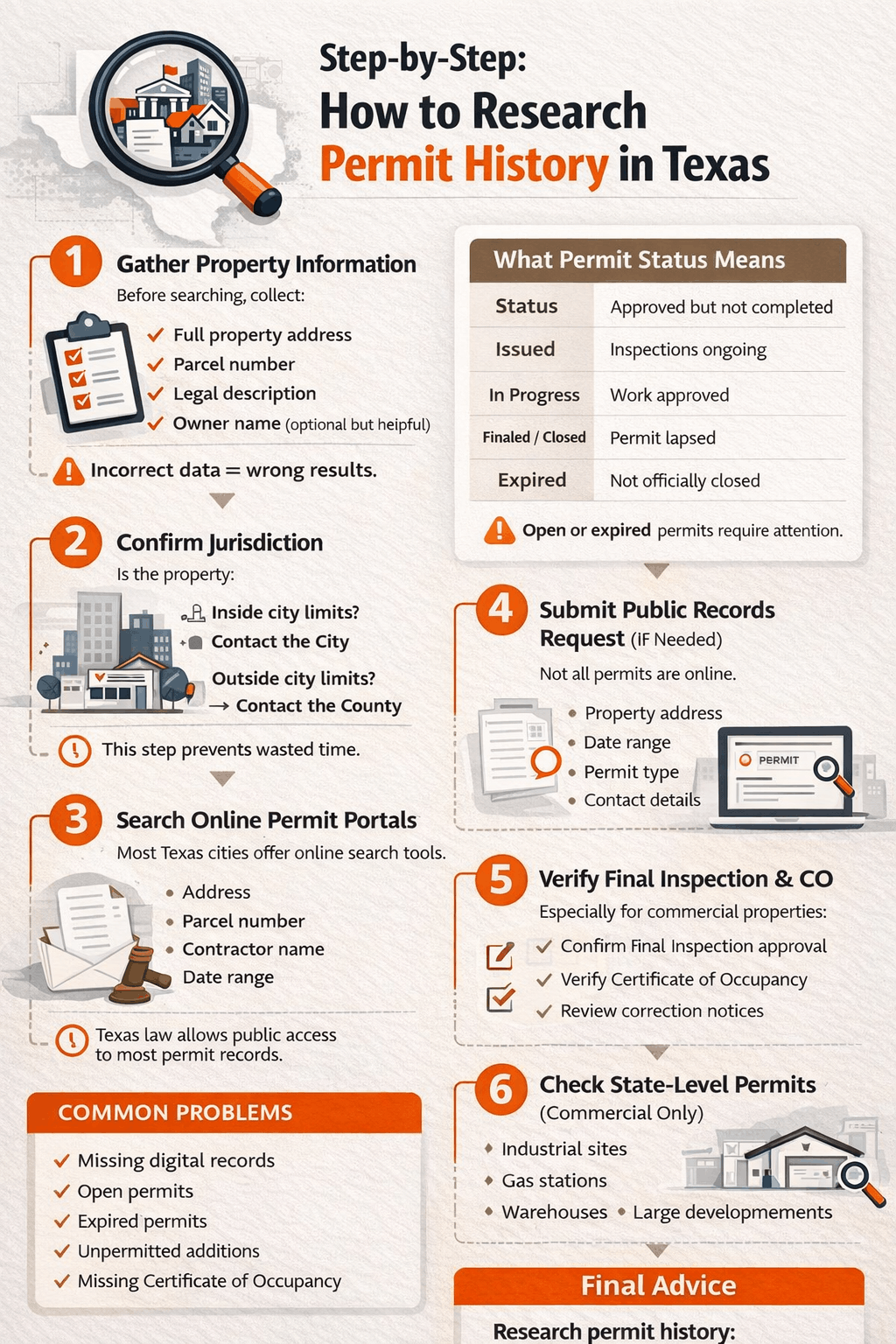 Texas permit history research infographic showing step-by-step process, permit statuses, and common issues.