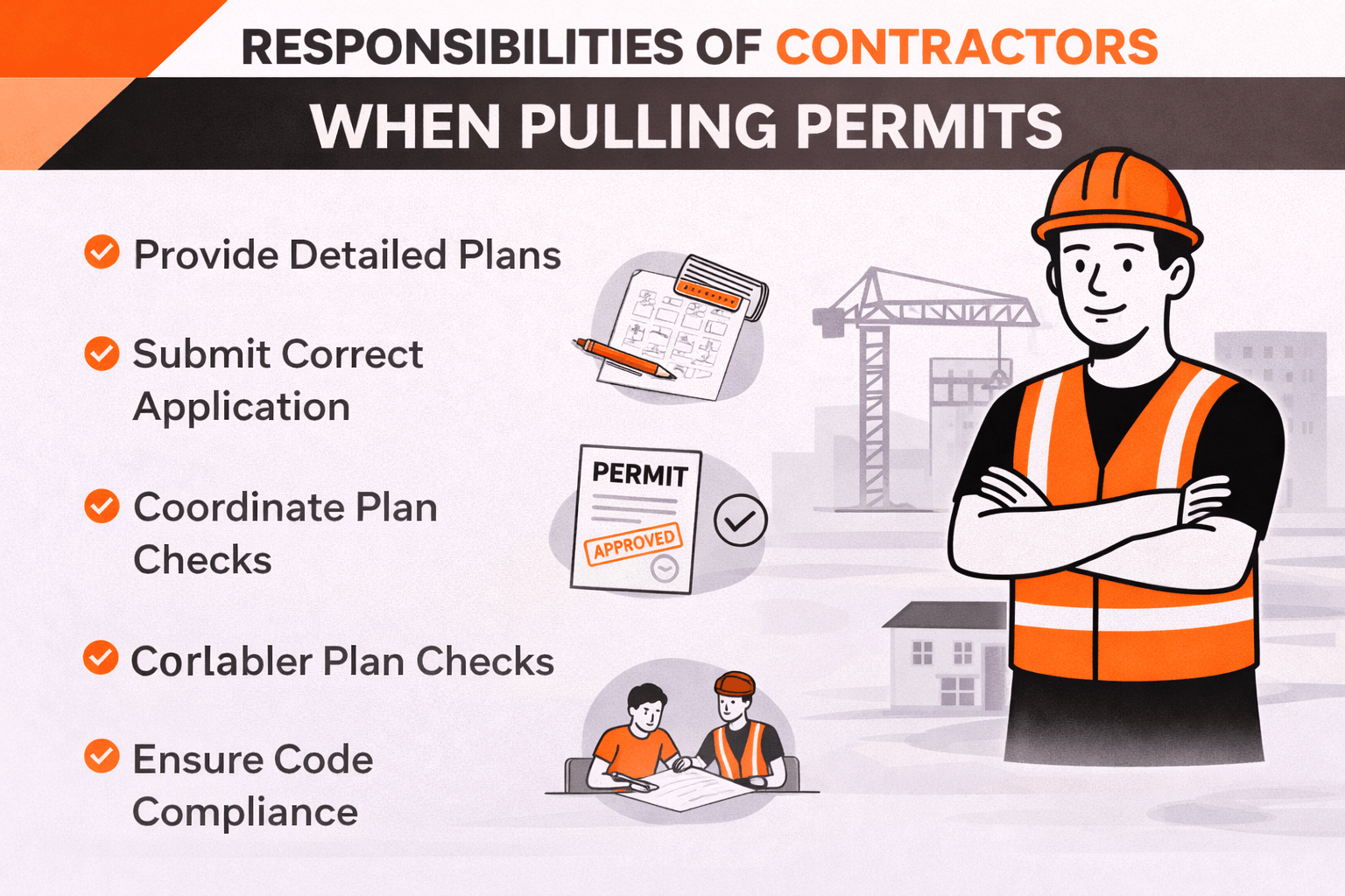 Landscape infographic showing responsibilities of contractors when pulling permits, including submitting plans, coordinating plan checks, ensuring code compliance, and managing permit applications.