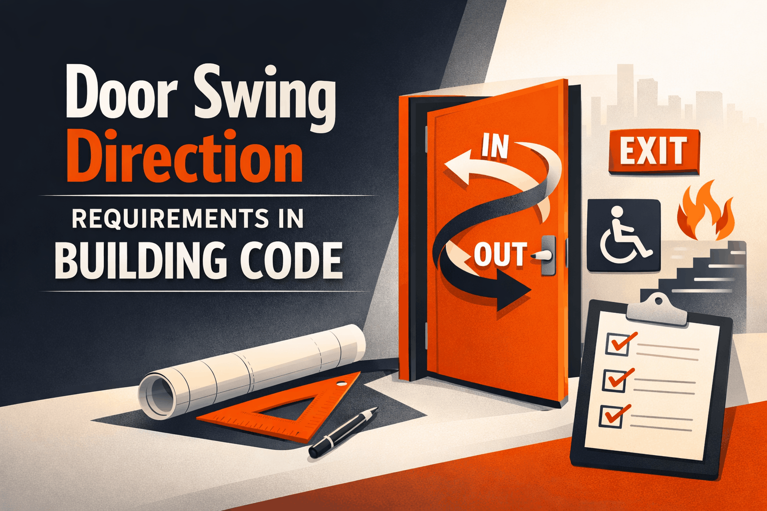 Feature image showing a bright orange door swinging inward and outward with directional arrows, exit sign, ADA symbol, fire icon, and architectural tools representing building code and door swing compliance requirements.