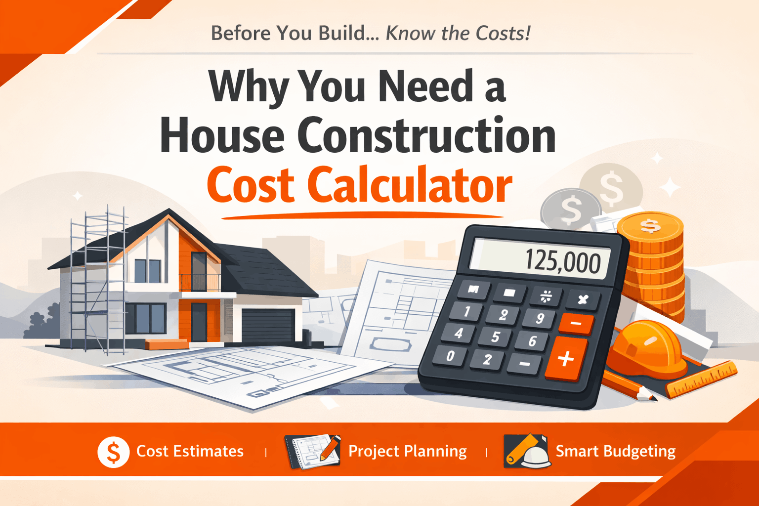 House construction cost calculator illustration with modern home, blueprints, and budgeting tools in orange and black theme.