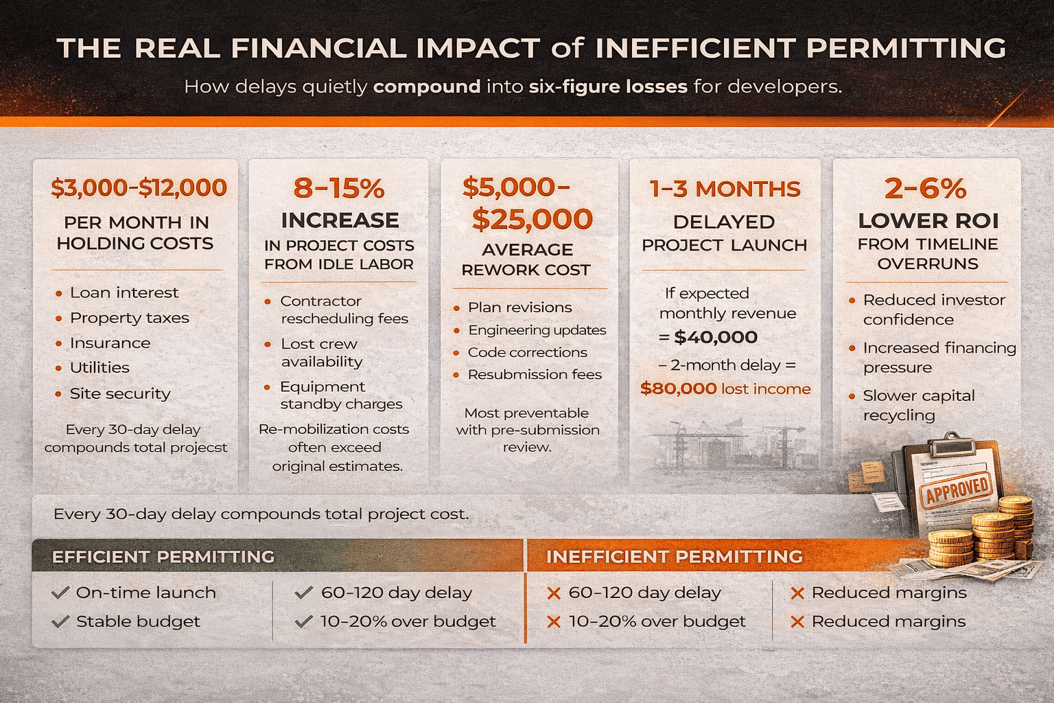 Horizontal infographic showing financial consequences of permitting delays, including holding costs, idle labor, rework expenses, delayed launches, reduced ROI, and a comparison of efficient versus inefficient permitting outcomes.