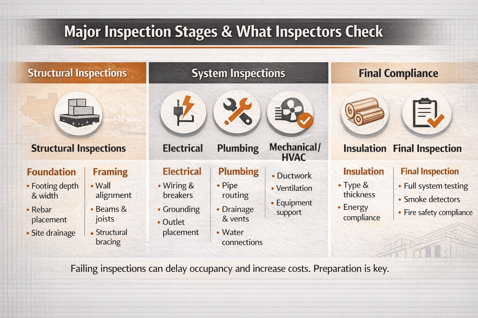 Landscape infographic detailing foundation, framing, electrical, plumbing, HVAC, insulation, and final building inspections in Texas with checklist-style breakdown of what inspectors evaluate.