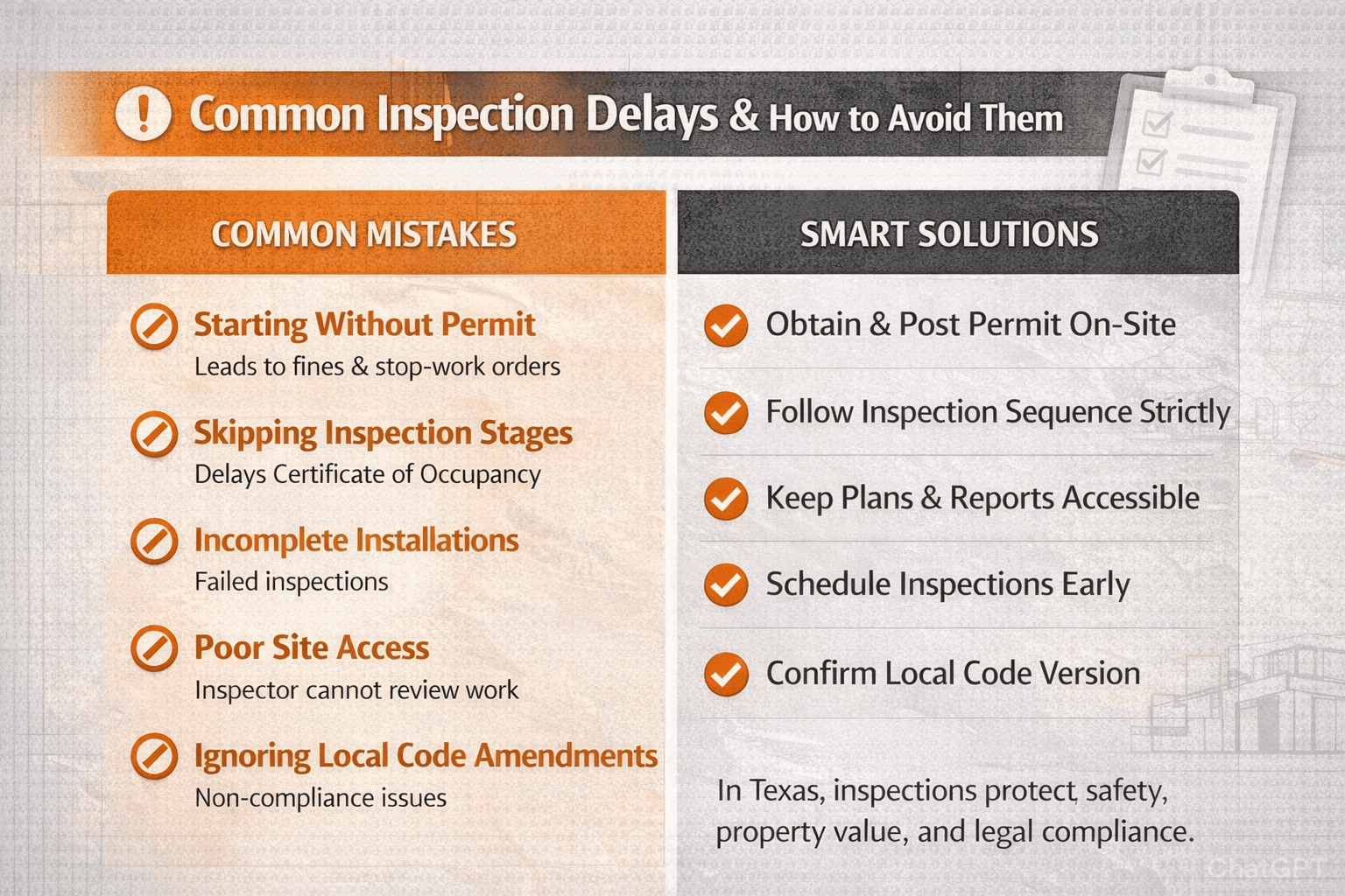 Landscape infographic showing common Texas building inspection mistakes on the left and practical solutions on the right to prevent delays, ensure compliance, and pass inspections efficiently.