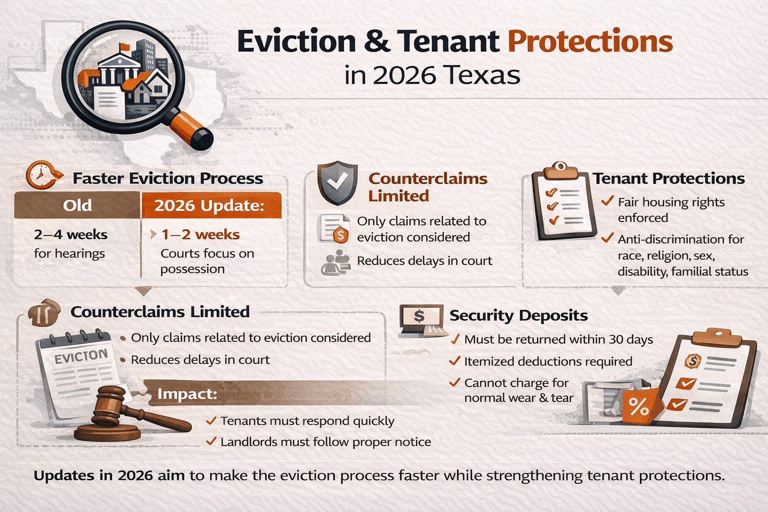 Landscape infographic summarizing 2026 Texas eviction updates, tenant protections, counterclaims, and security deposit rules.