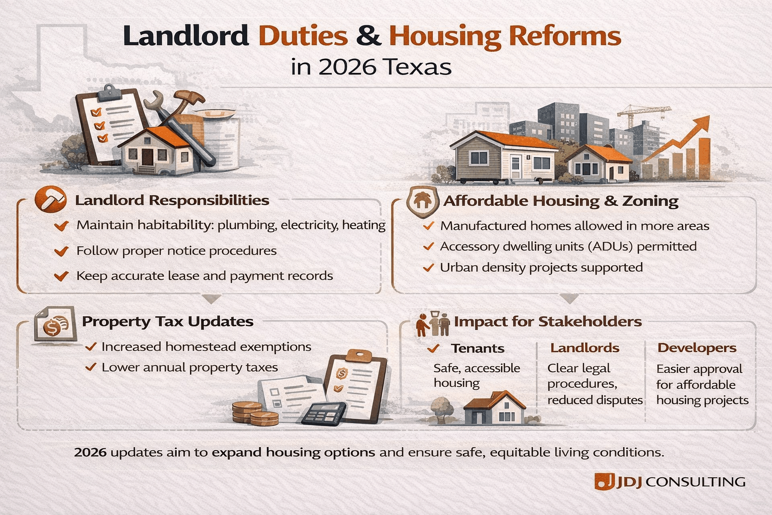 Landscape infographic showing 2026 Texas landlord responsibilities, habitability, notices, record-keeping, ADUs, and urban density updates.