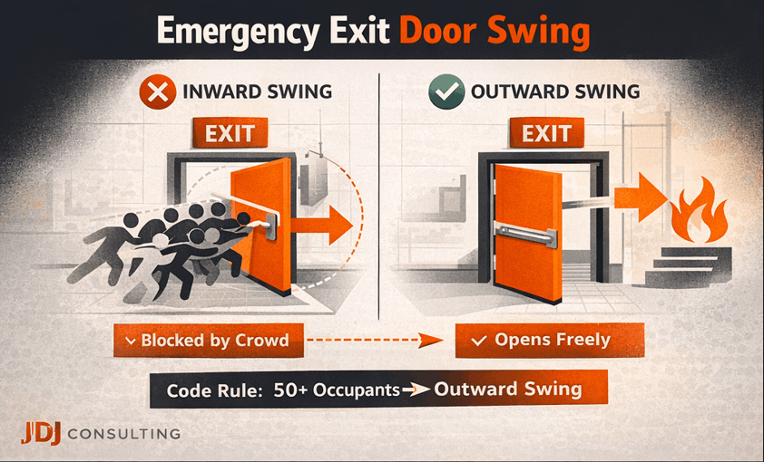 Comparison infographic showing inward exit door blocked by crowd versus outward swinging emergency exit door allowing safe evacuation.