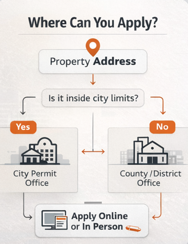 Flowchart explaining where to apply for a building permit in Texas based on property location inside or outside city limits.