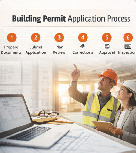 Timeline graphic showing the Texas building permit application process from document preparation to approval and inspections.