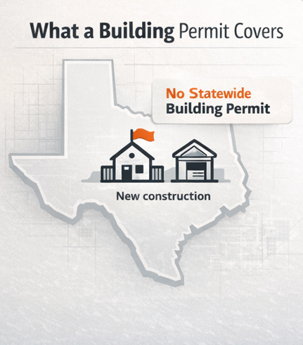 Infographic showing what a building permit covers in Texas, including new construction, home additions, structural changes, and system work.