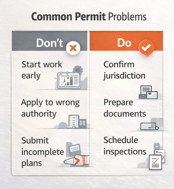 Minimalist infographic listing common documents required for a building permit in Texas, including site plans, construction drawings, and permit applications.