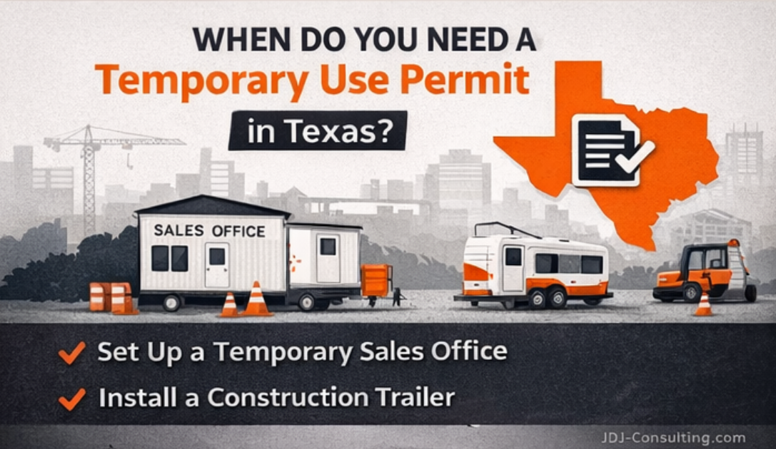 Illustration showing when a Temporary Use Permit is required in Texas for short-term land uses such as construction trailers, sales offices, equipment storage, and seasonal retail stands.