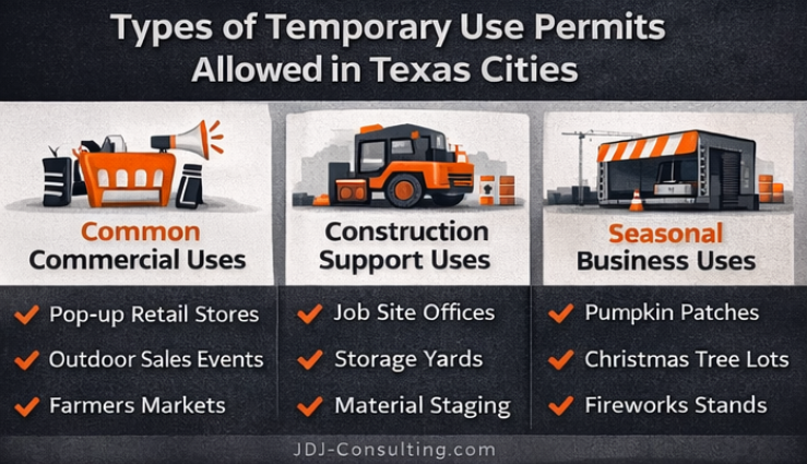 Visual guide to types of Temporary Use Permits allowed in Texas cities including commercial pop-up retail, construction support uses, and seasonal business operations.