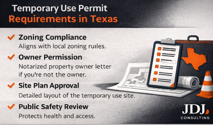 Infographic explaining Temporary Use Permit requirements in Texas including zoning compliance, property owner authorization, site plan approval, and public safety review.