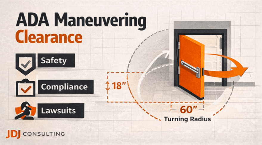 Top-view infographic showing ADA door maneuvering clearance with 60-inch turning radius and 18-inch latch-side space for wheelchair accessibility.
