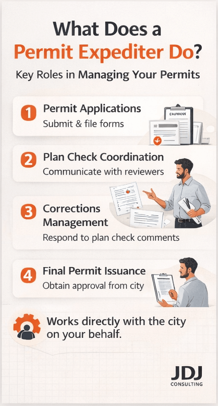 Infographic explaining the role of a permit expediter in the building permit process, including application filing, plan check coordination, correction management, and final permit approval.