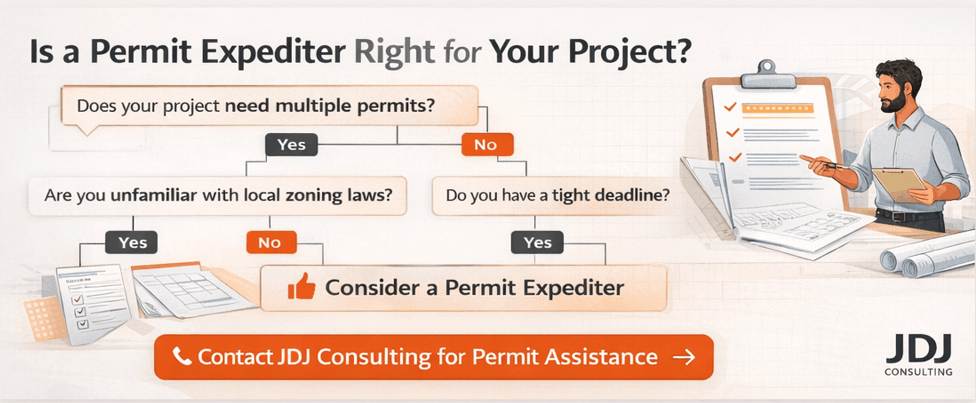 Flowchart infographic titled “Is a Permit Expediter Right for Your Project?” showing decision questions about multiple permits, zoning familiarity, and deadlines, leading to a recommendation to hire a permit expediter for complex construction projects.
