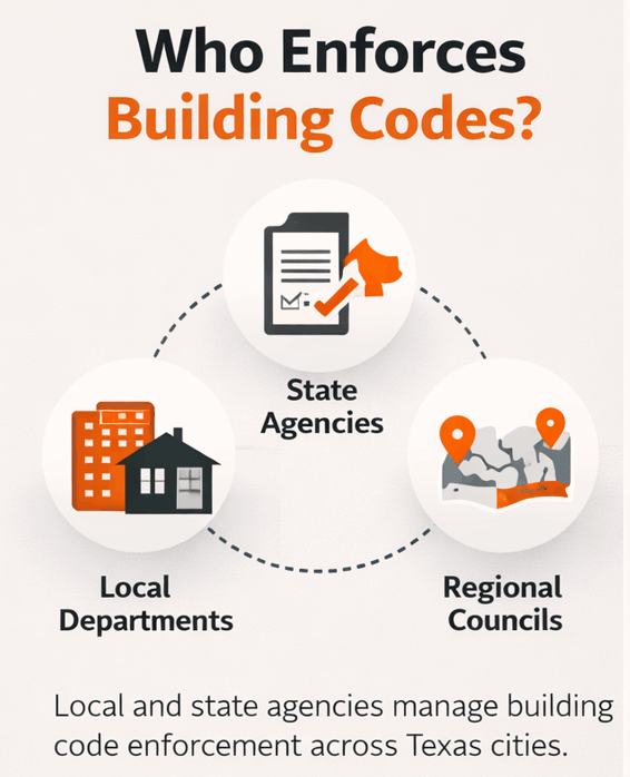 Minimalist graphic showing local departments, state agencies, and regional councils involved in building code enforcement.