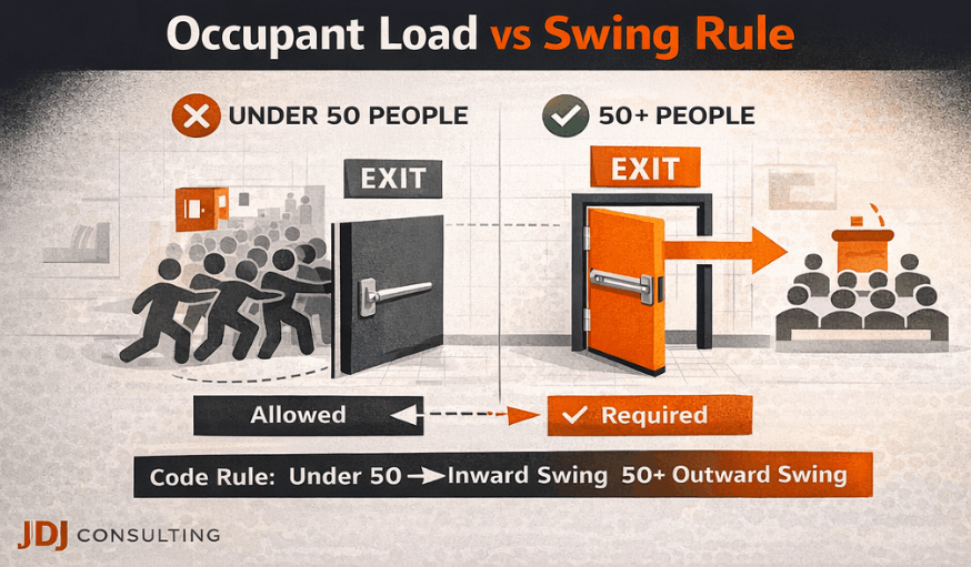 Infographic comparing occupant load under 50 and over 50 people with inward versus outward exit door swing requirements.