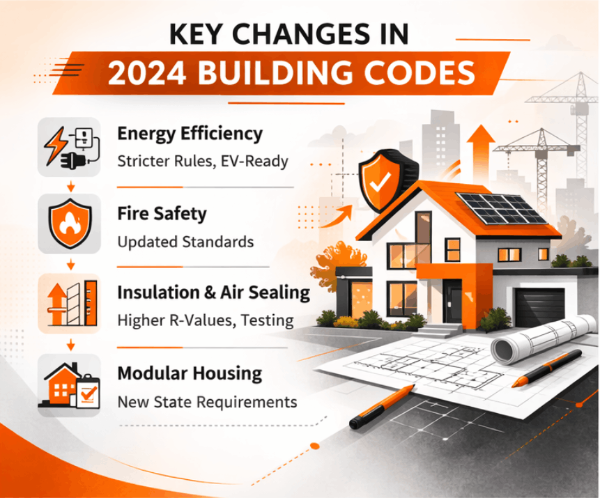 Minimalist landscape graphic showing the building permit approval process from plan submission to inspection and final approval in orange and grey theme.