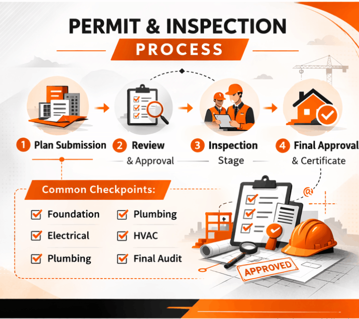 Minimalist landscape graphic showing the building permit approval process from plan submission to inspection and final approval in orange and grey theme.
