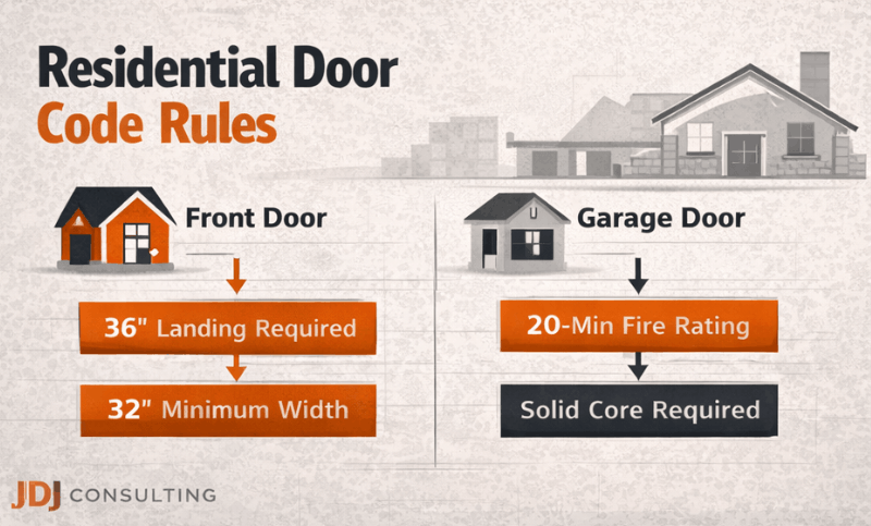 Infographic showing residential front entry and garage-to-house door code requirements including landing depth, minimum width, and fire rating.