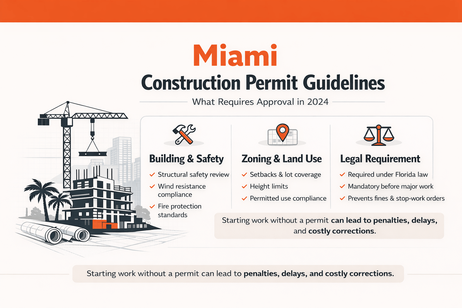 Miami construction permit requirements infographic with safety, zoning, and legal highlights