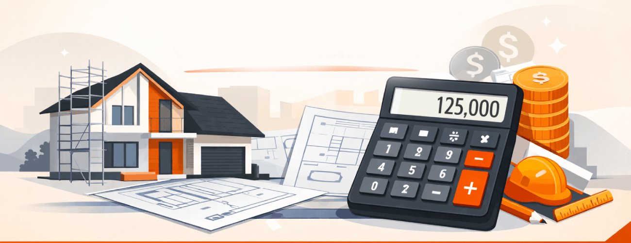 grok-image-ab52af73-db30-483b-82be-a63ed86fc5e0 House construction cost calculator illustration with modern home, blueprints, and budgeting tools in orange and black theme.
