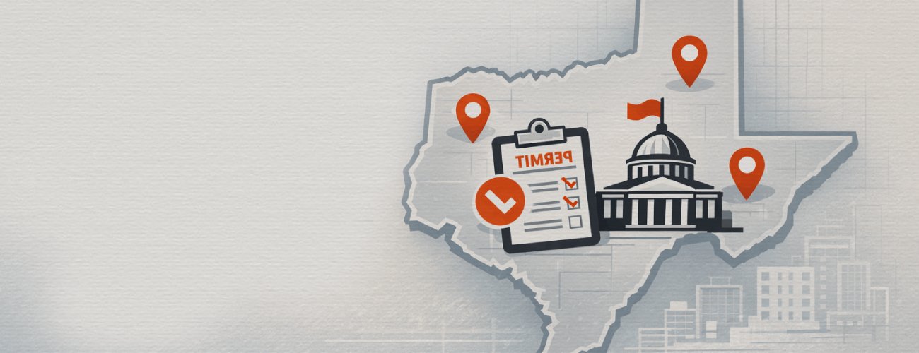 grok-image-ab52af73-db30-483b-82be-a63ed86fc5e0 Illustration showing a map of Texas with permit icons and a government building, representing where to get a building permit in Texas.
