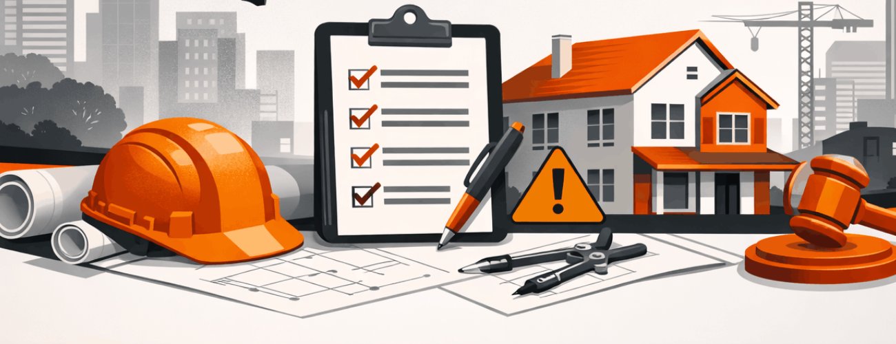 Feature image showing Texas Building Code Essentials with a Texas state outline, construction tools, inspection checklist, and residential building design in orange, black, and grey theme.