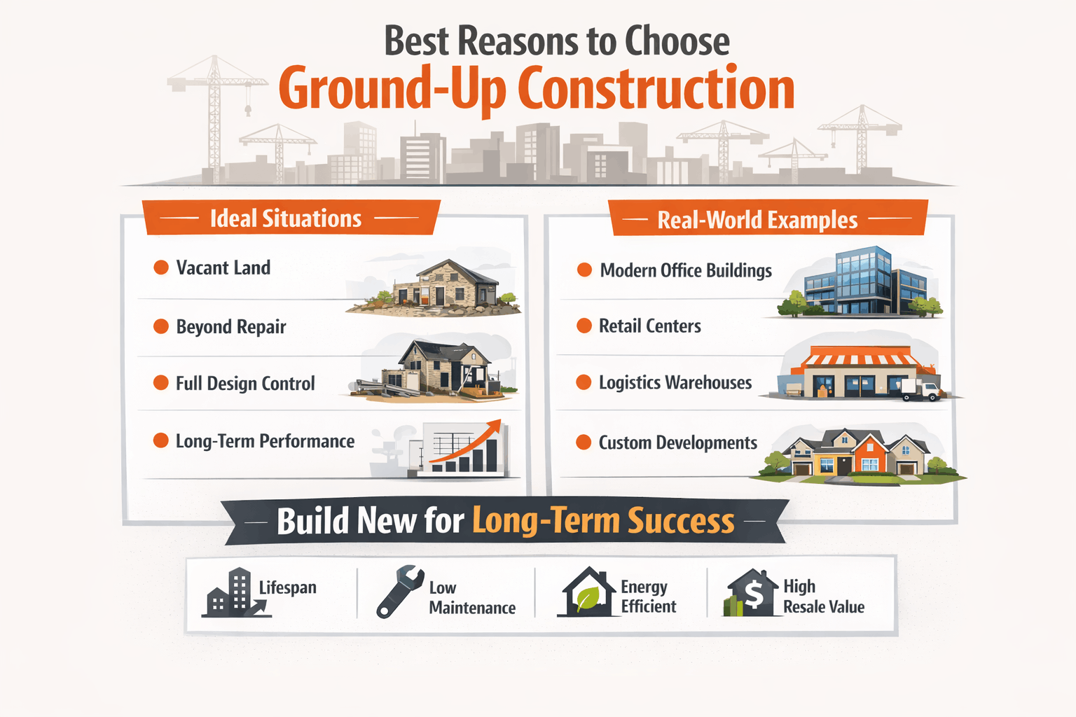 Infographic explaining ideal scenarios for ground-up construction including vacant land, full design control, and long-term performance benefits