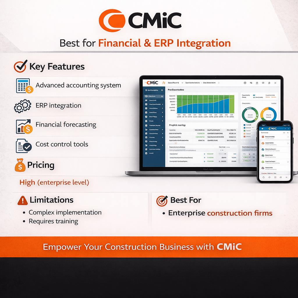 CMiC construction ERP dashboard showing financial tracking and reporting tools.