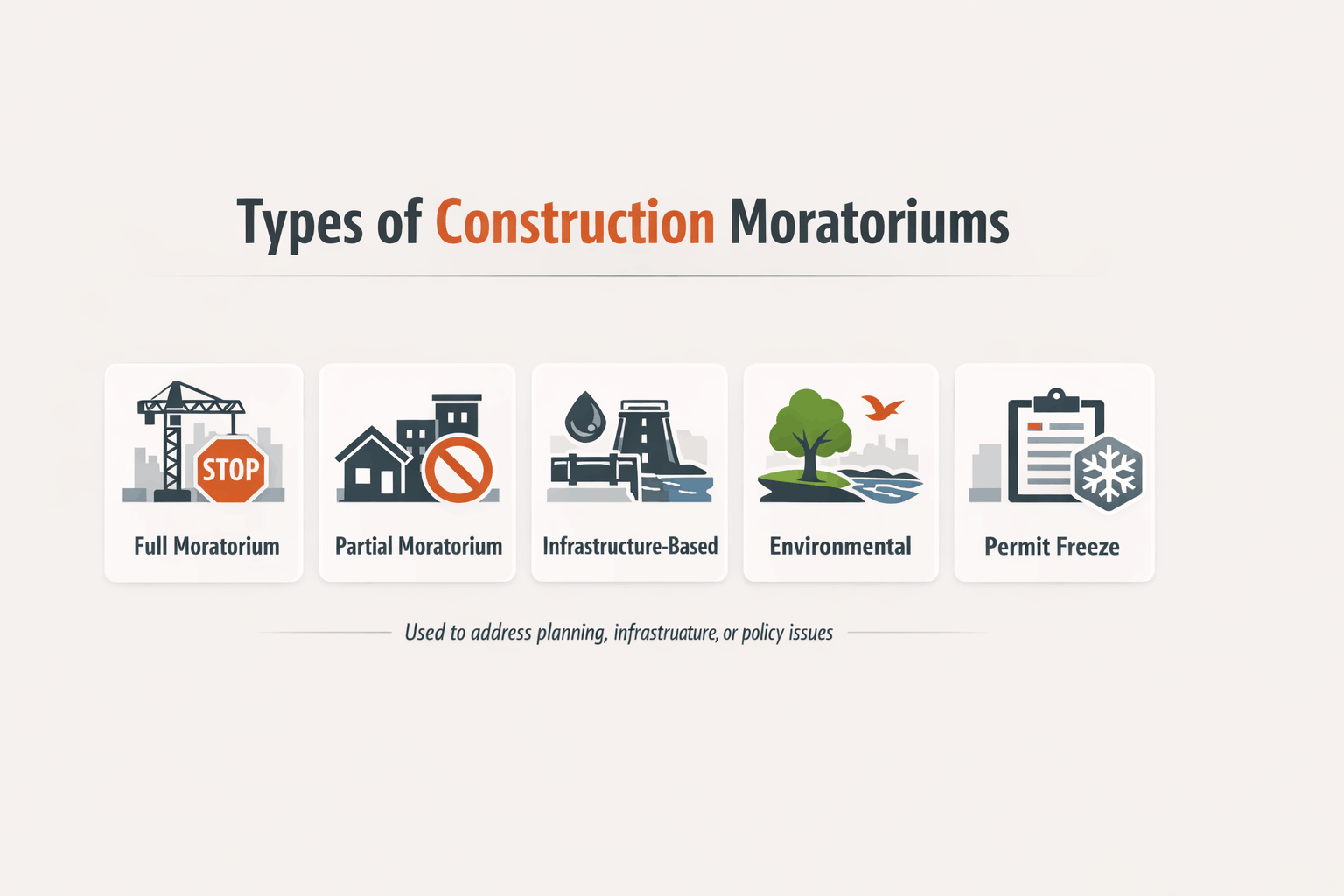 Grid graphic showing five types of construction moratoriums including full, partial, and environmental.
