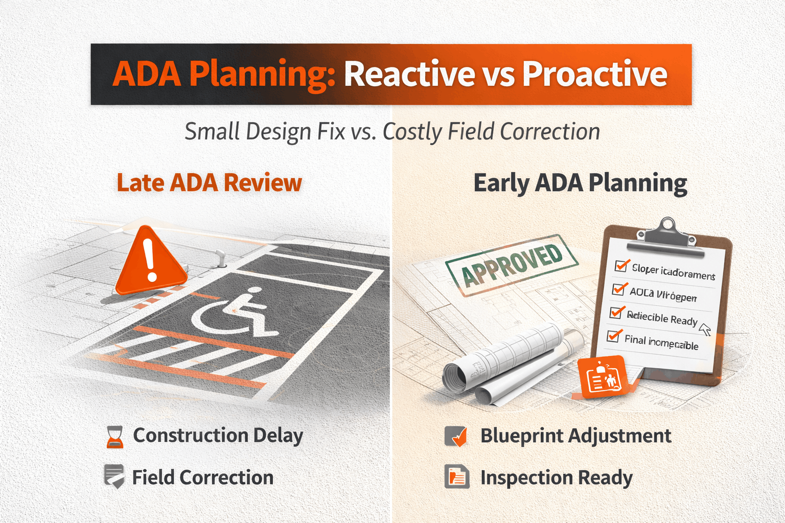 Comparison graphic showing reactive ADA correction versus proactive compliance planning.