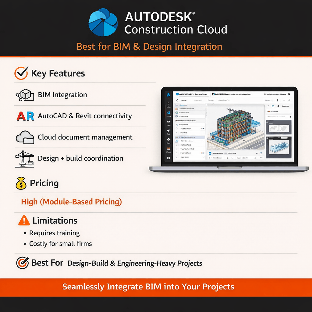 Autodesk Construction Cloud BIM dashboard showing design integration and project coordination.