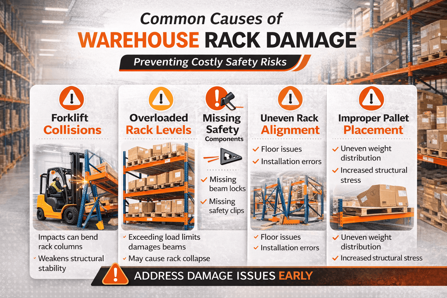 warehouse pallet rack damage causes forklift impact overloaded racks inspection safety