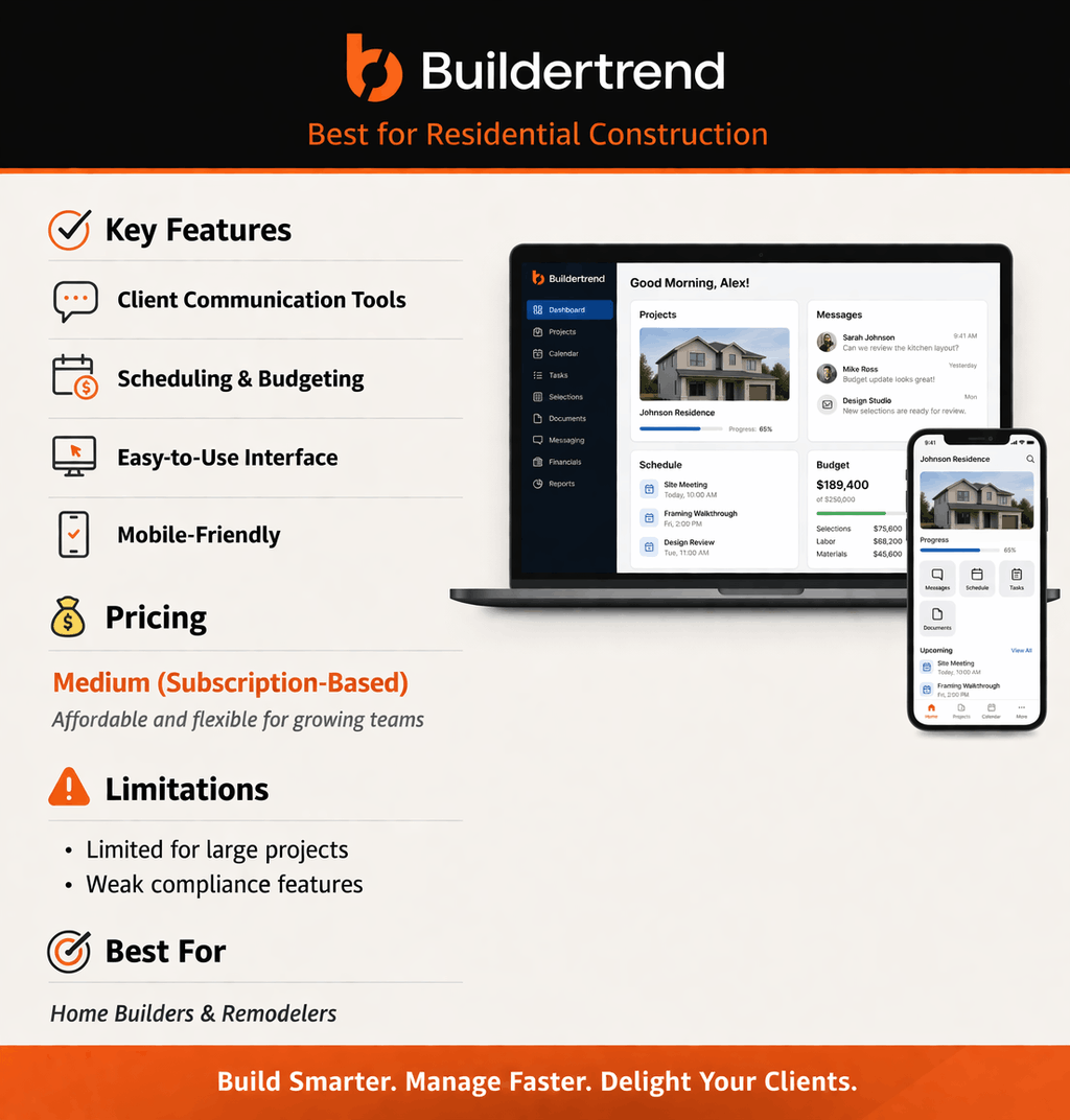 Buildertrend software interface for residential project scheduling and client communication.
