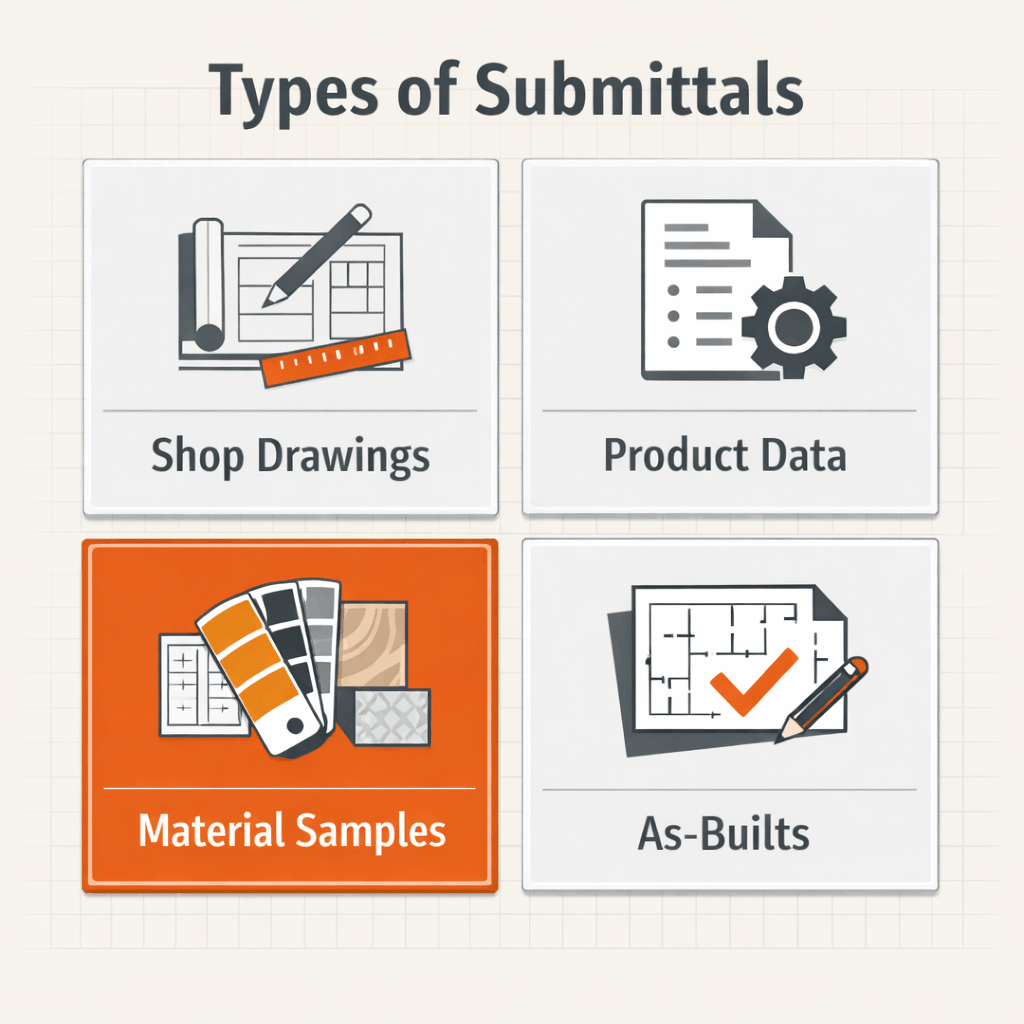 Different types of construction submittals including shop drawings, product data, and material samples