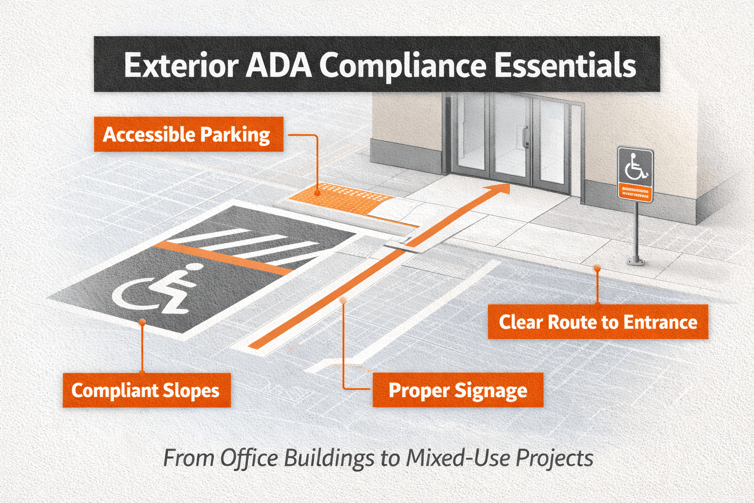 Site plan showing accessible parking, compliant slopes, signage, and entrance route.