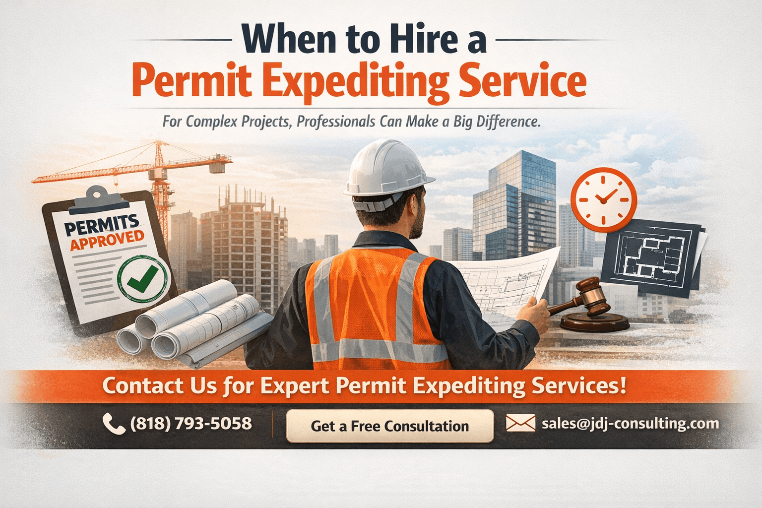 CTA banner showing construction professional reviewing plans with “When to Hire a Permit Expediting Service” headline and JDJ Consulting contact details including phone (818) 793-5058 and email sales@jdj-consulting.com .