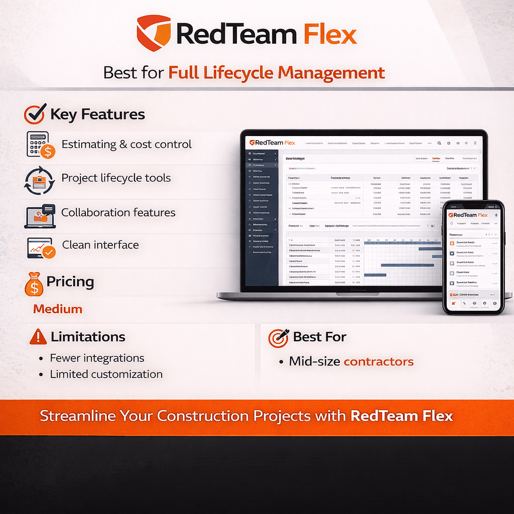 RedTeam Flex interface showing construction estimating and project lifecycle management.