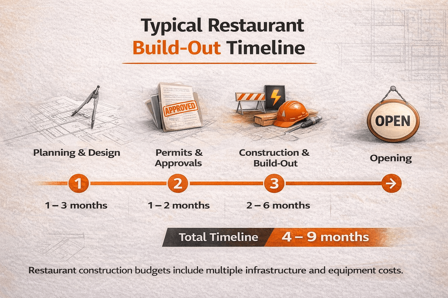 Restaurant construction timeline showing planning, permits, and build-out phases before opening a new restaurant location.