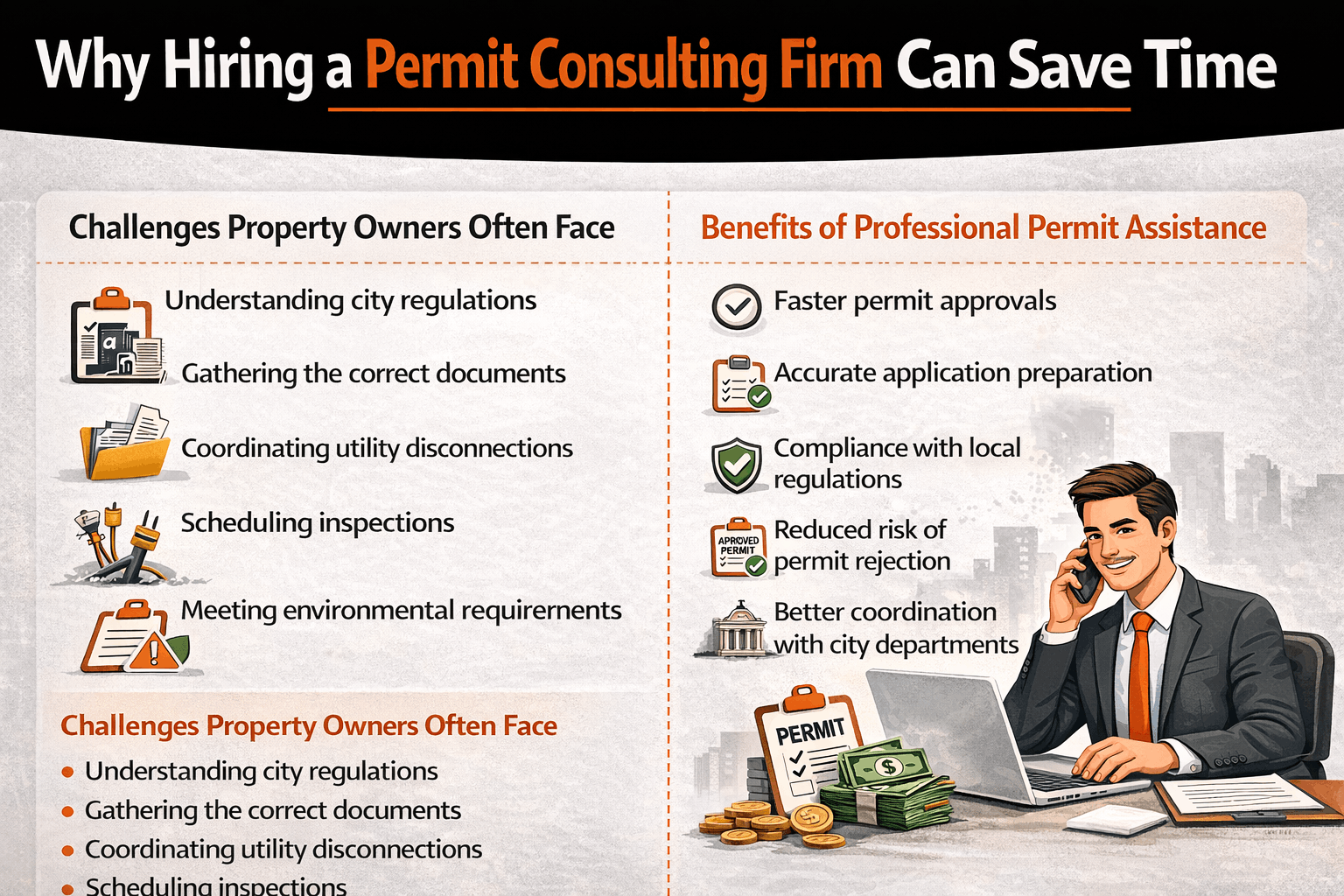 Why Hiring a Permit Consulting Firm Can Save Time The demolition permit process can be confusing for property owners who are unfamiliar with local regulations. Each city has its own requirements, forms, and approval procedures. Because of this, many developers and contractors choose to work with permit consulting professionals. Permit consultants help ensure applications are complete and submitted correctly the first time. Challenges Property Owners Often Face Without experience in permitting, applicants may struggle with several issues. Common challenges include: Understanding city regulations Gathering the correct documentation Coordinating utility disconnections Scheduling inspections Meeting environmental compliance requirements These tasks take time and careful attention to detail. Mistakes can lead to delays that affect construction timelines. Benefits of Professional Permit Assistance Permit consulting services help simplify the approval process. Working with experienced professionals can provide several advantages: Faster permit approvals Accurate application preparation Compliance with local regulations Reduced risk of permit rejection Better coordination with city departments Consultants often communicate directly with city officials to resolve issues quickly. This support allows property owners and developers to focus on the construction phase of the project. When Permit Consulting Services Are Most Helpful Permit consulting services are especially useful for complex demolition projects. Examples include: Commercial property redevelopment Urban construction projects Demolition in historic districts Large industrial demolition projects Professional guidance can help prevent delays and keep projects on schedule.