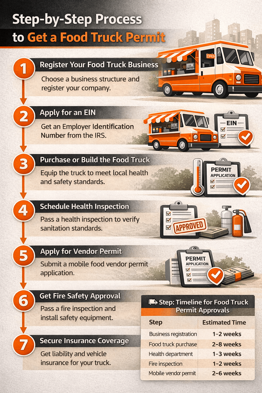 Step-by-step infographic showing the process to obtain food truck permits and approvals
