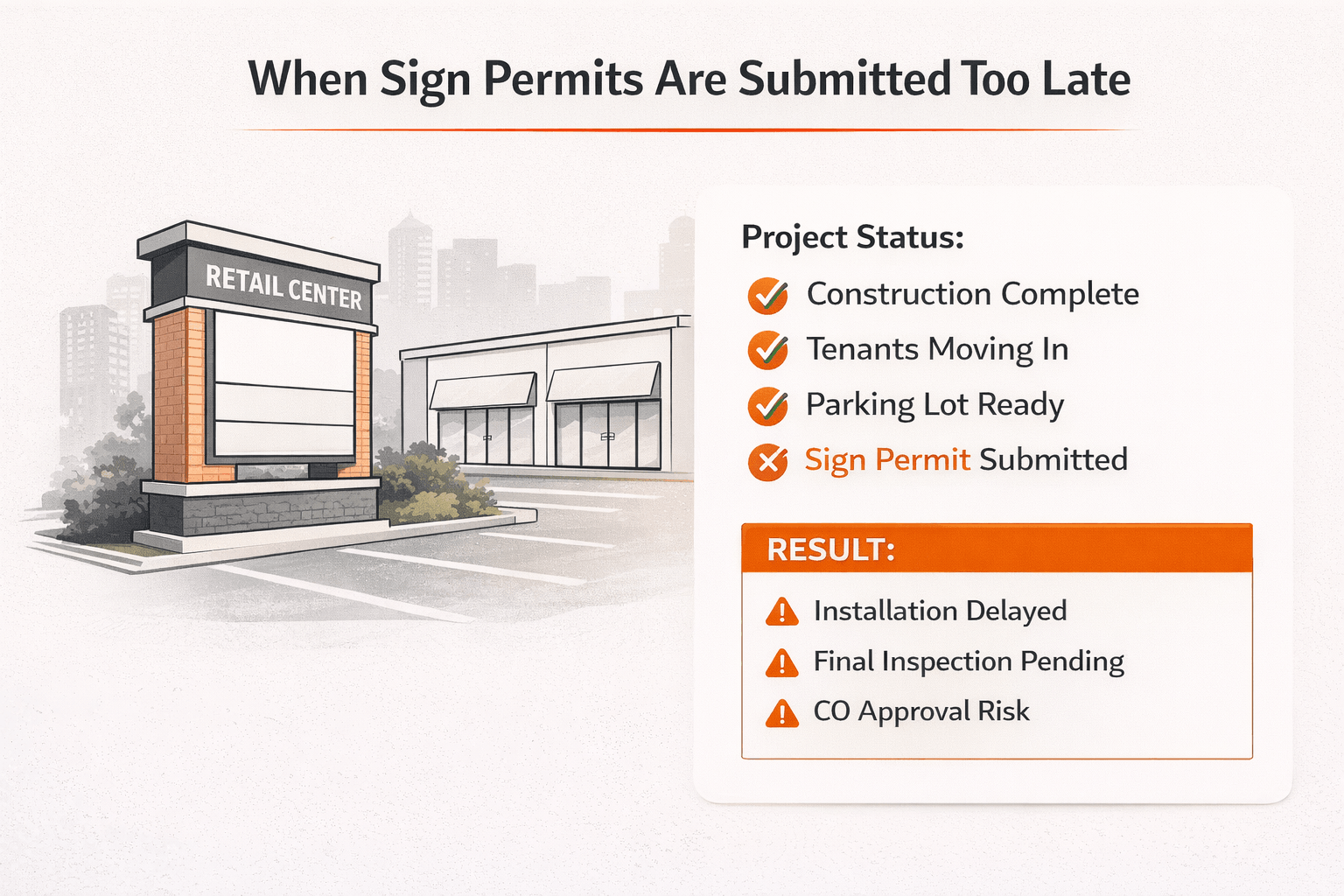 Retail center signage installation delayed due to missing sign permit approval before final inspection and tenant move-in.