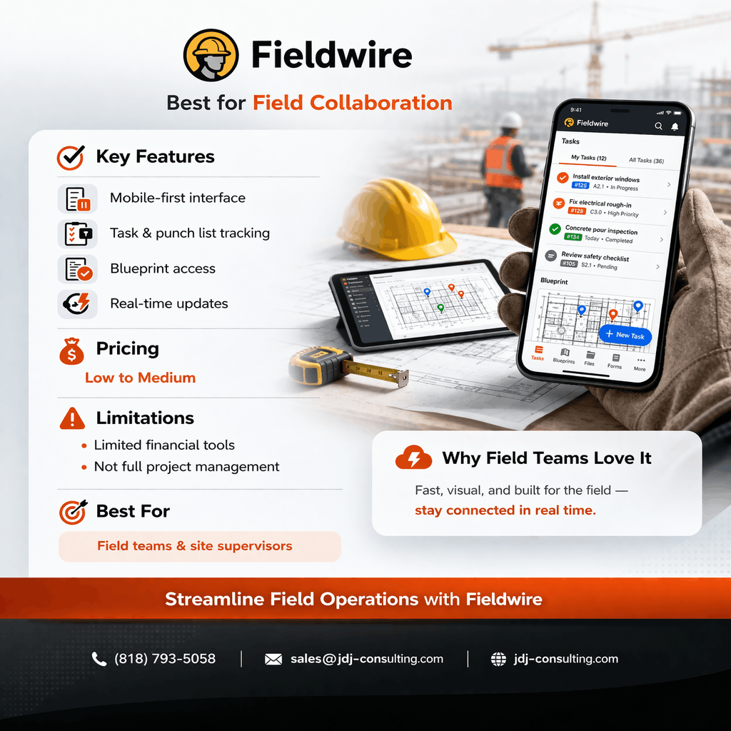Fieldwire mobile app showing task tracking and blueprint access on construction site.