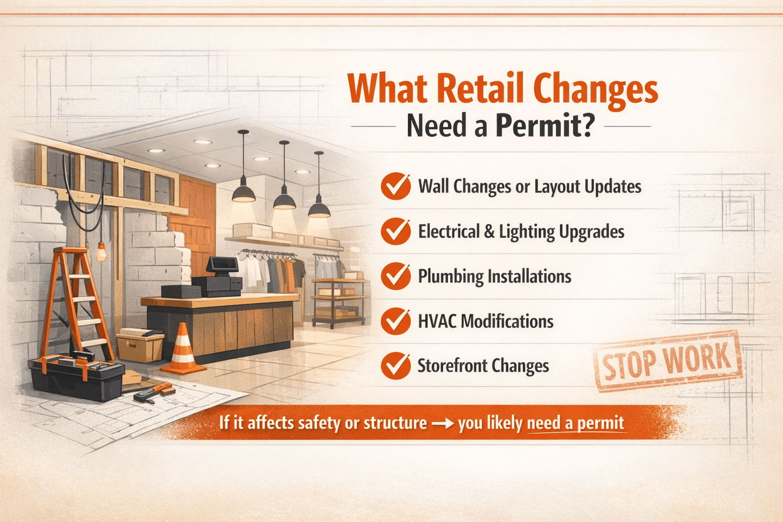 Illustration of a retail store layout with a checklist showing tenant improvement work that requires permits, including walls, electrical, plumbing, HVAC, and storefront changes.